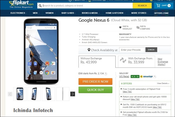 Google Nexus 6 is Up For Pre-Order in India At Rs 44,000(32GB) and Rs 49,000(G4GB)