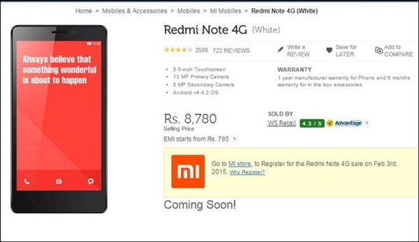 Xiaomi Redmi Note 4G Now Available in India At Rs 8,780